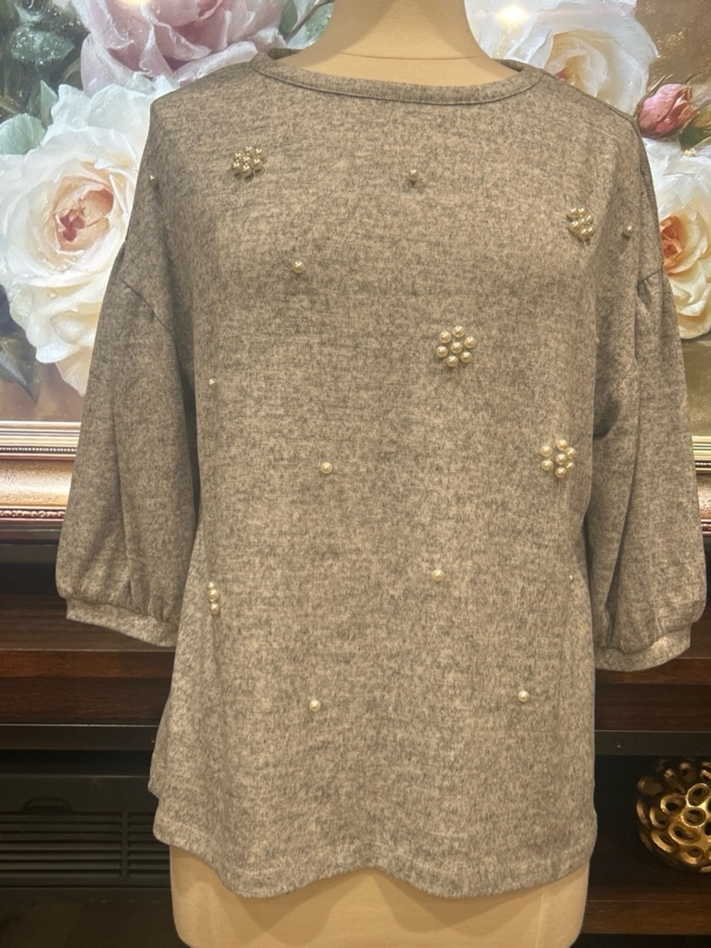 Pearl-Embellished Grey Long Sleeve Knit Dress
